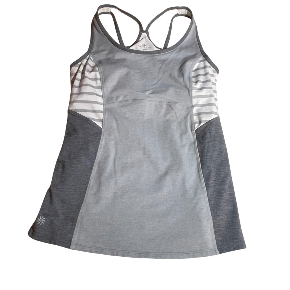 Athleta Womens Grey Striped Colorblock Strappy Back Yoga Tank Top Built-in Bra L